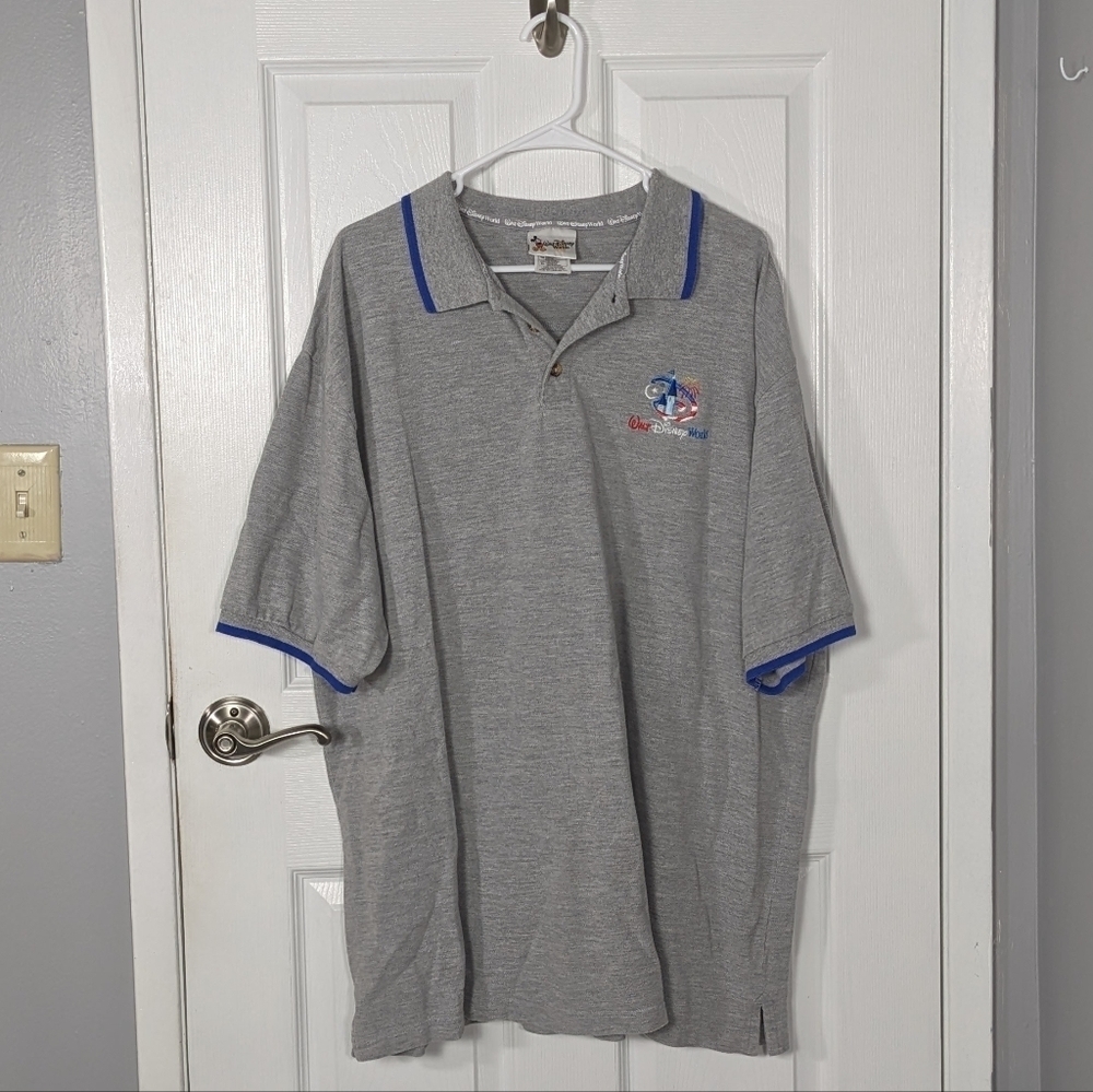 Retro Walt Disney World Embroidered Logo Grey Knit Polo Top Size Men's‎ XL
